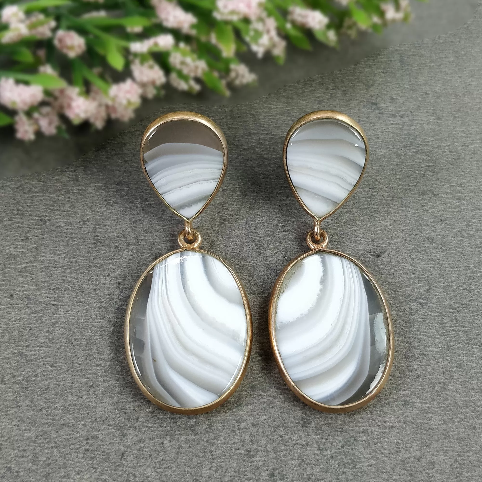 BOTSWANA AGATE Gemstone Earrings : 14.32gms Natural 925 Sterling Silver Rose Gold Plated Oval Bezel Set Push Back Earring 2"