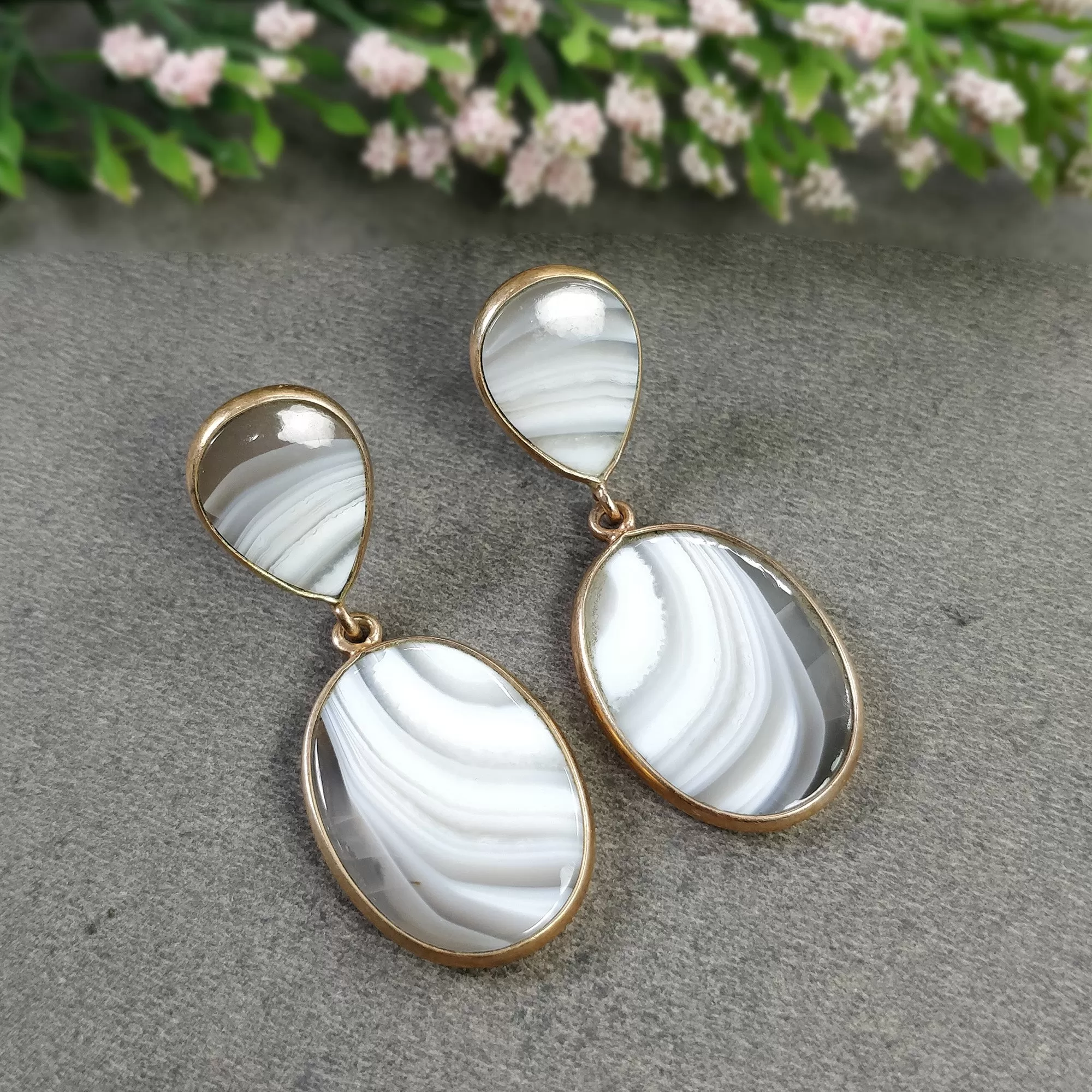 BOTSWANA AGATE Gemstone Earrings : 14.32gms Natural 925 Sterling Silver Rose Gold Plated Oval Bezel Set Push Back Earring 2"