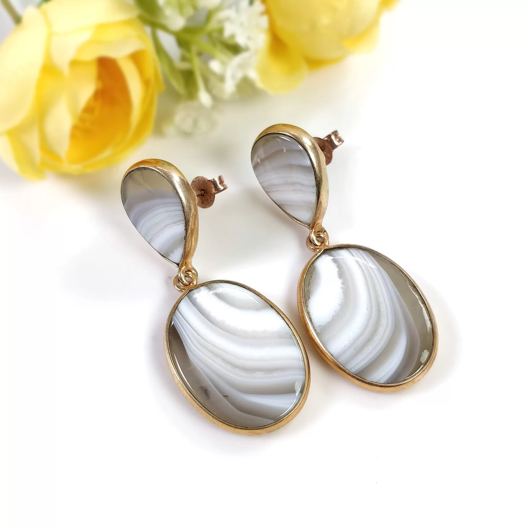 BOTSWANA AGATE Gemstone Earrings : 14.32gms Natural 925 Sterling Silver Rose Gold Plated Oval Bezel Set Push Back Earring 2"