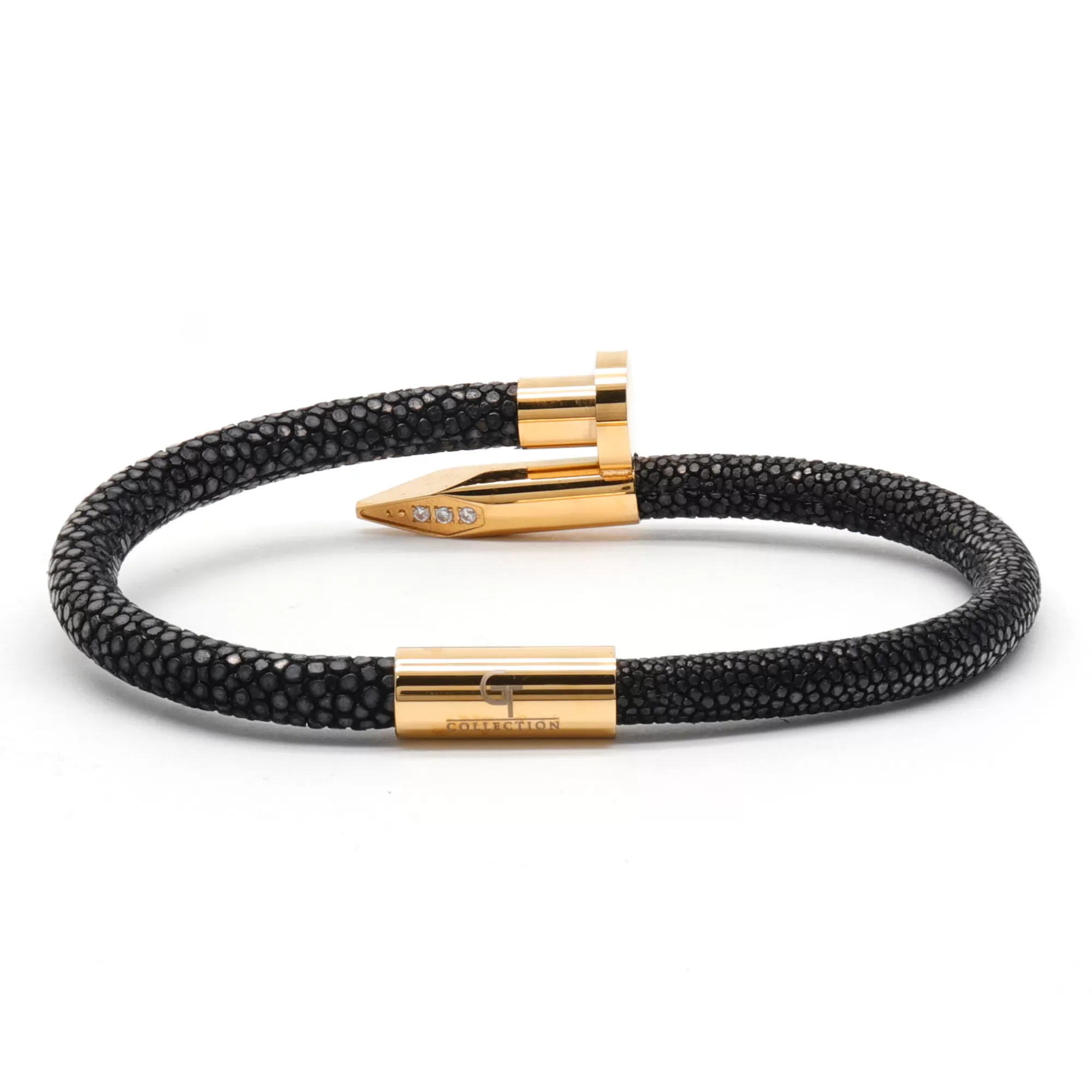 Bracelet - Black Leather with Golden Nail and Zircon Diamond