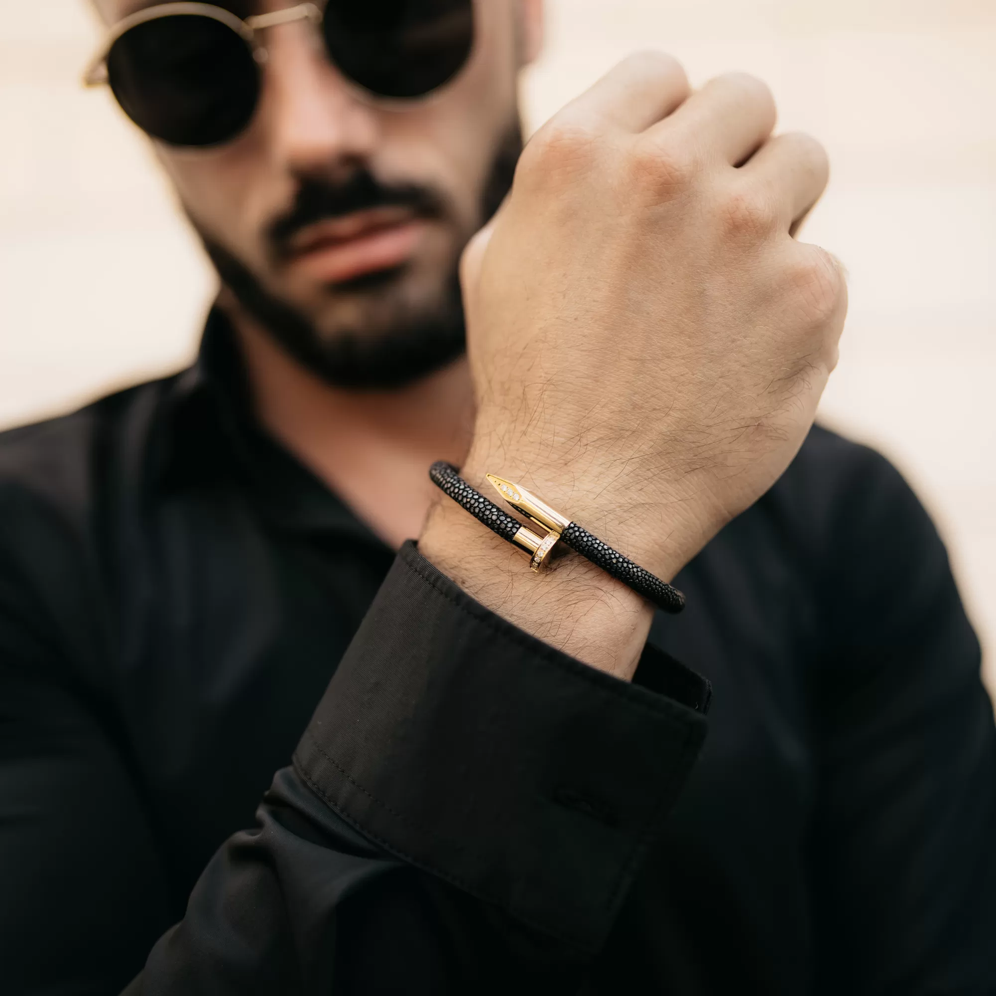 Bracelet - Black Leather with Golden Nail and Zircon Diamond