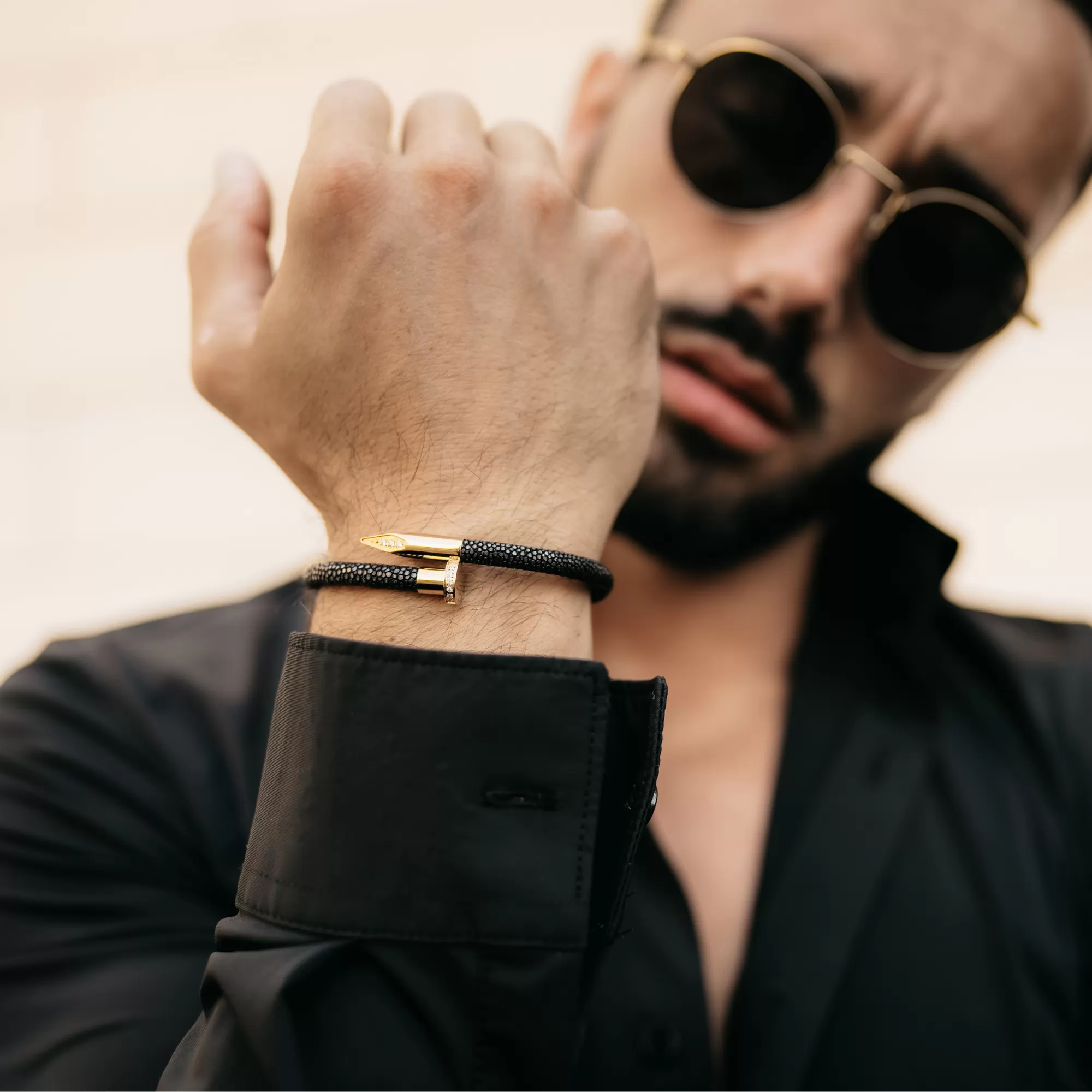 Bracelet - Black Leather with Golden Nail and Zircon Diamond