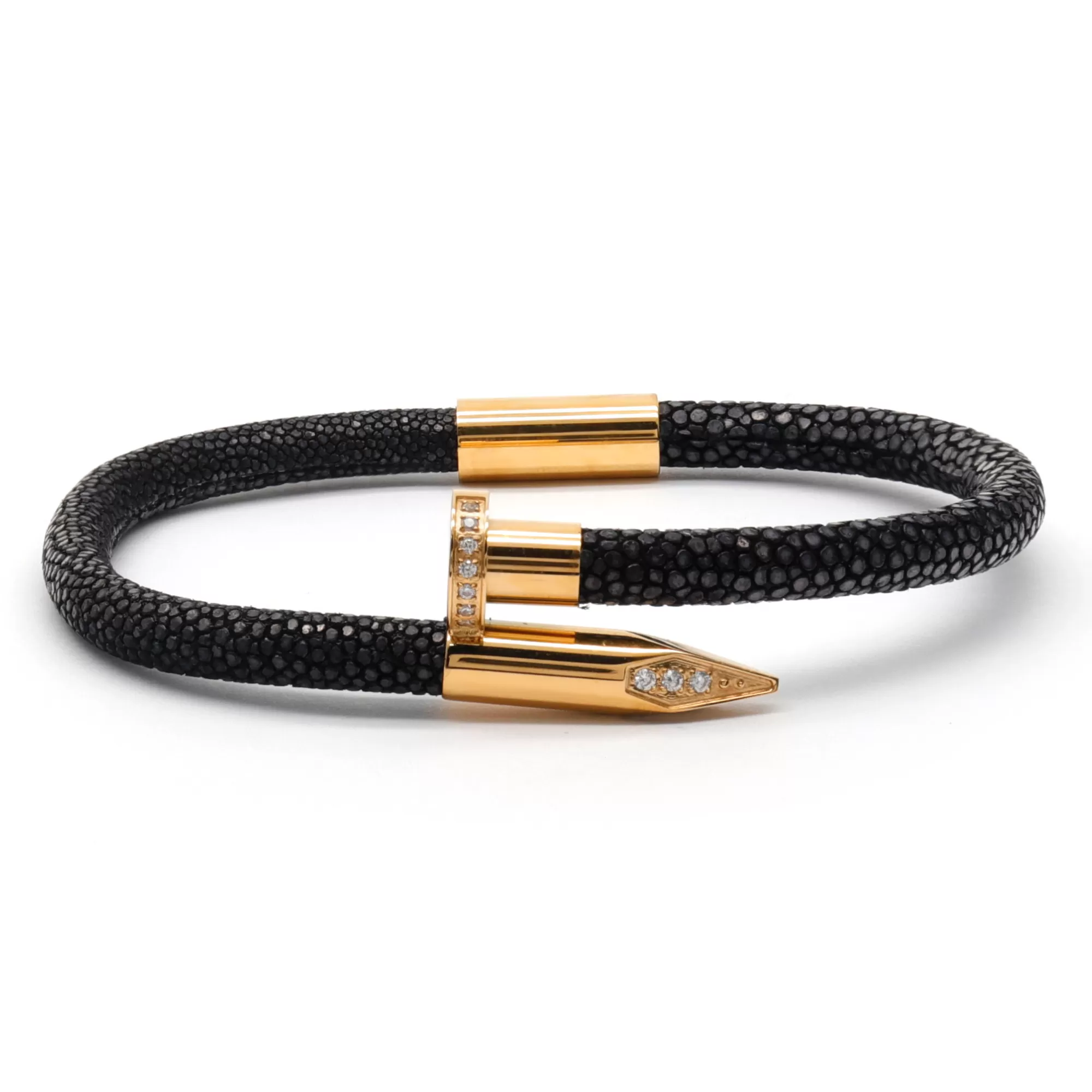 Bracelet - Black Leather with Golden Nail and Zircon Diamond