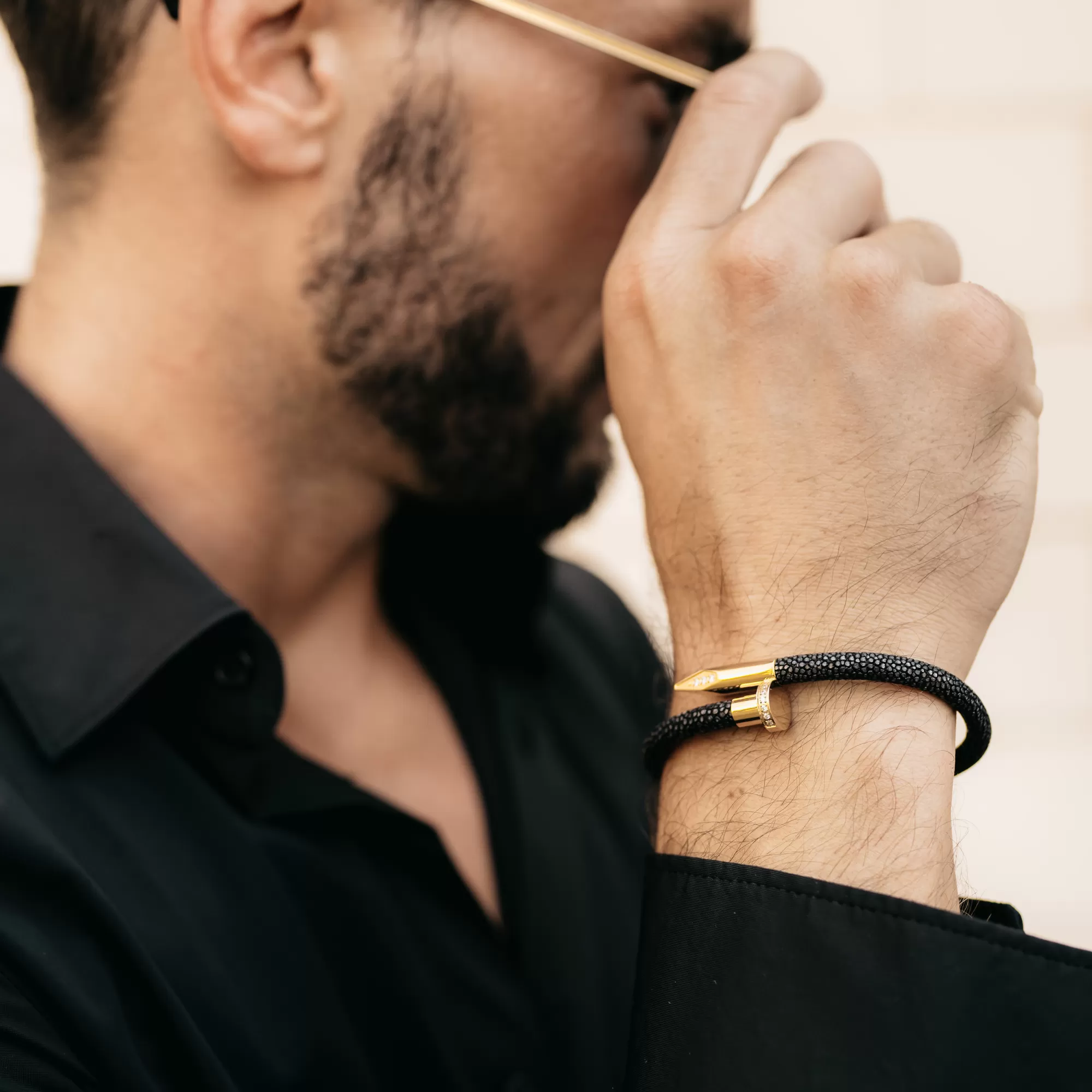 Bracelet - Black Leather with Golden Nail and Zircon Diamond