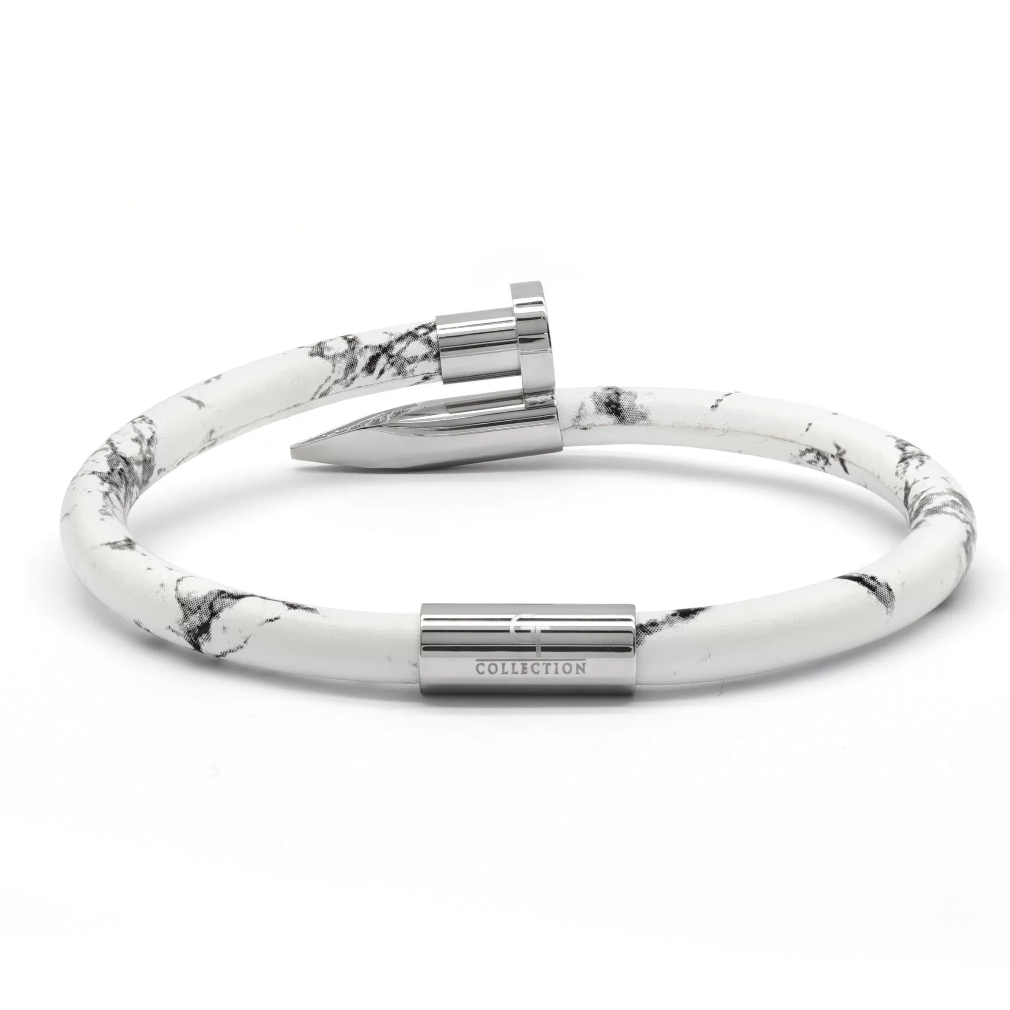 Bracelet Silver Nail with Zircon Diamond - White Leather