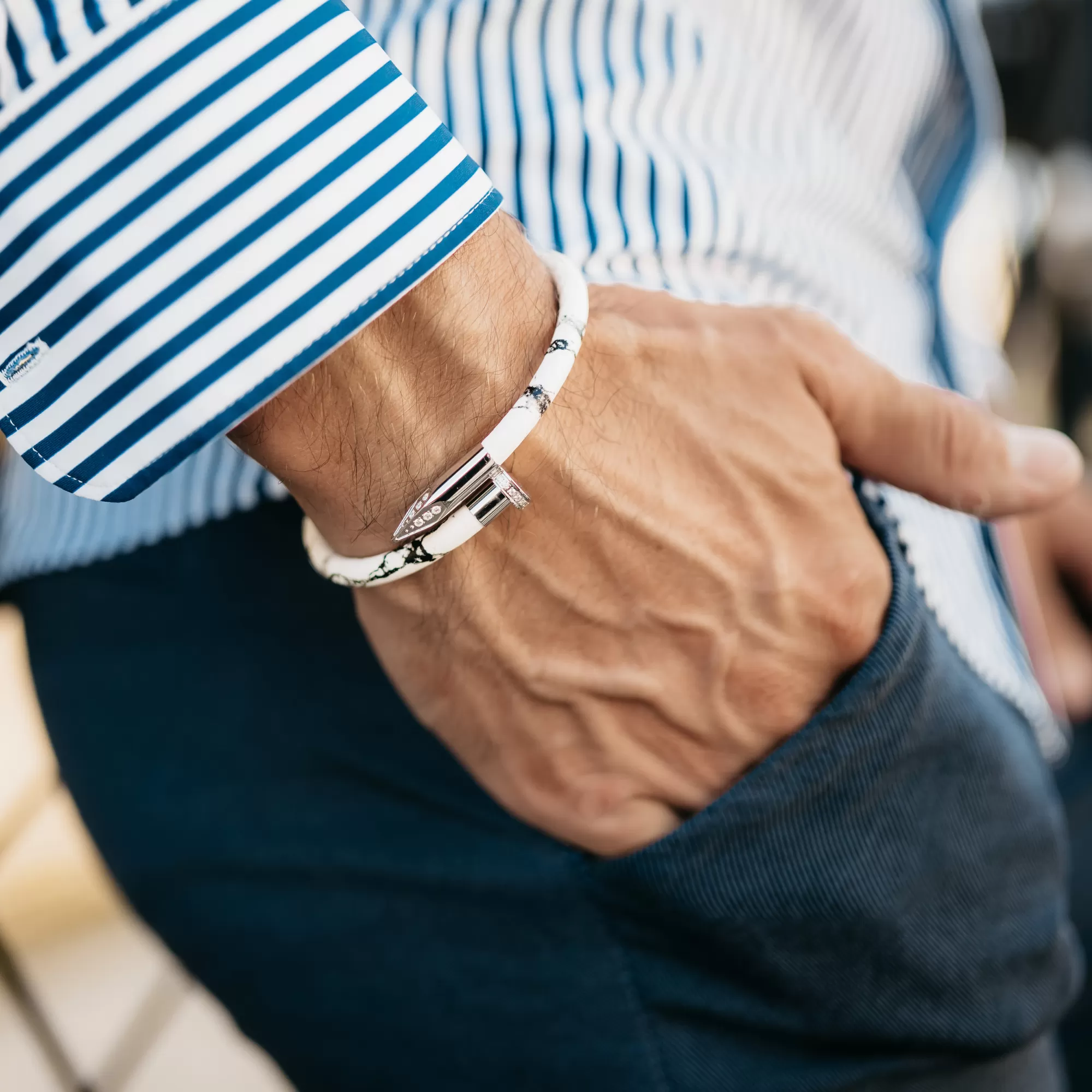 Bracelet Silver Nail with Zircon Diamond - White Leather