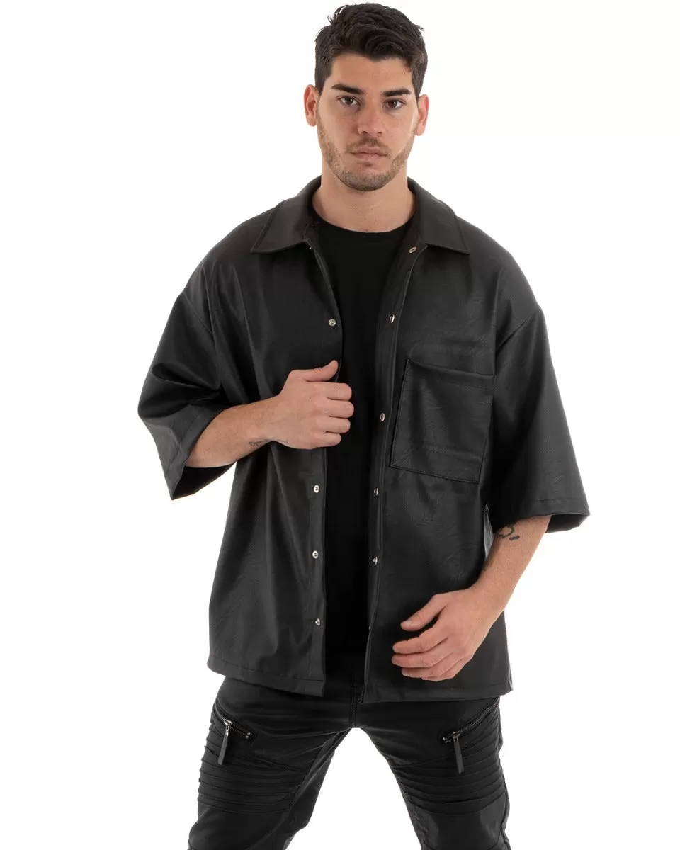 Camicia Uomo Manica Corta Nero Ecopelle Casual GIOSAL-CC1180A