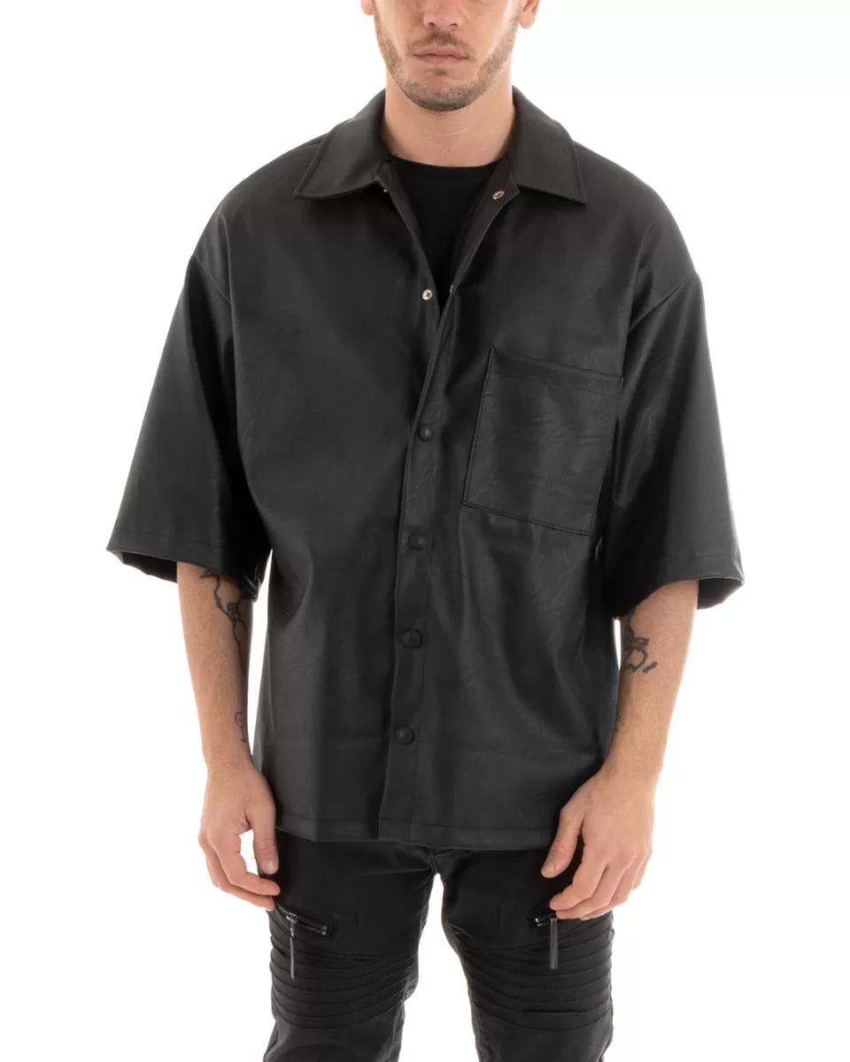 Camicia Uomo Manica Corta Nero Ecopelle Casual GIOSAL-CC1180A