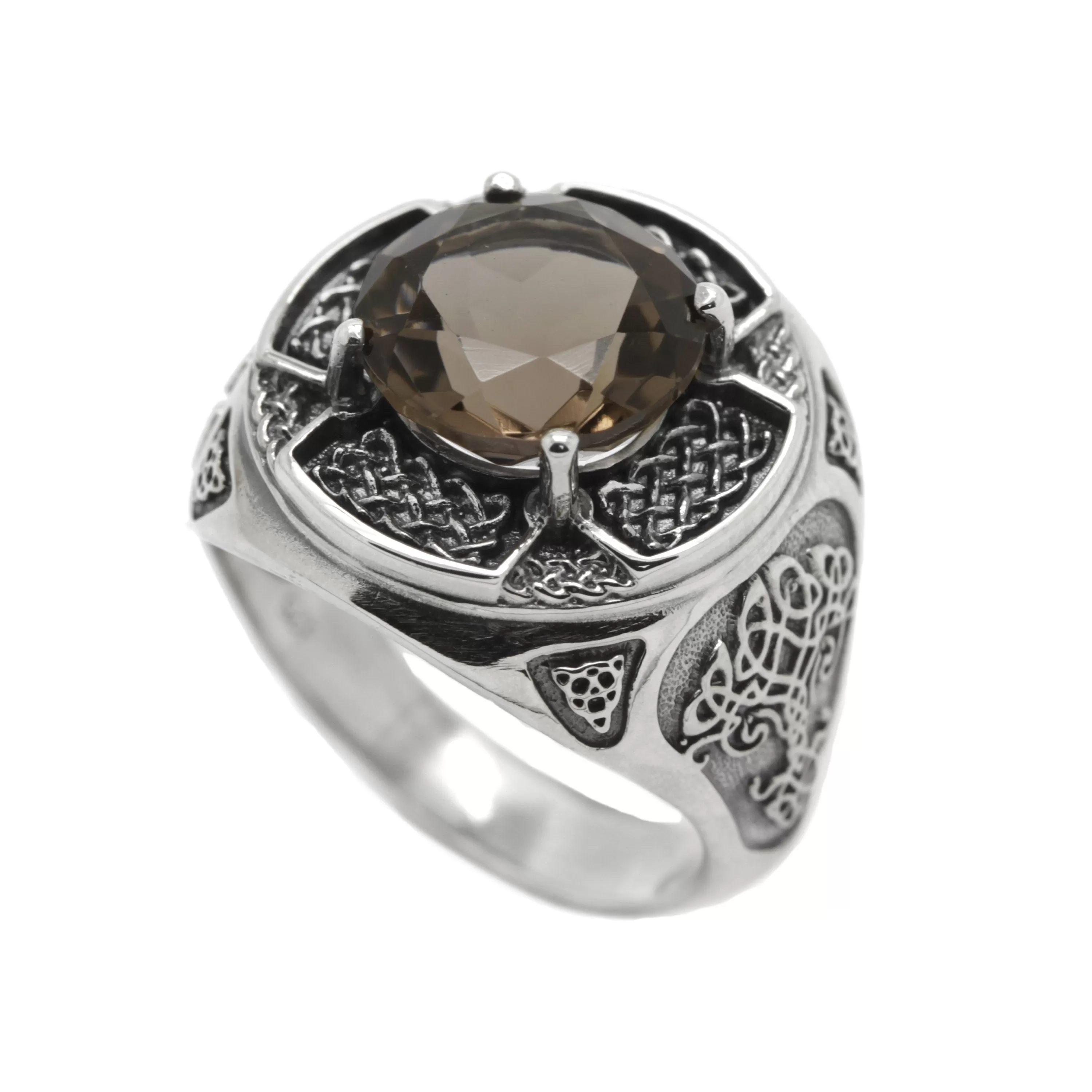 Celtic Natural Smoky Quartz Unisex Ring Silver 925