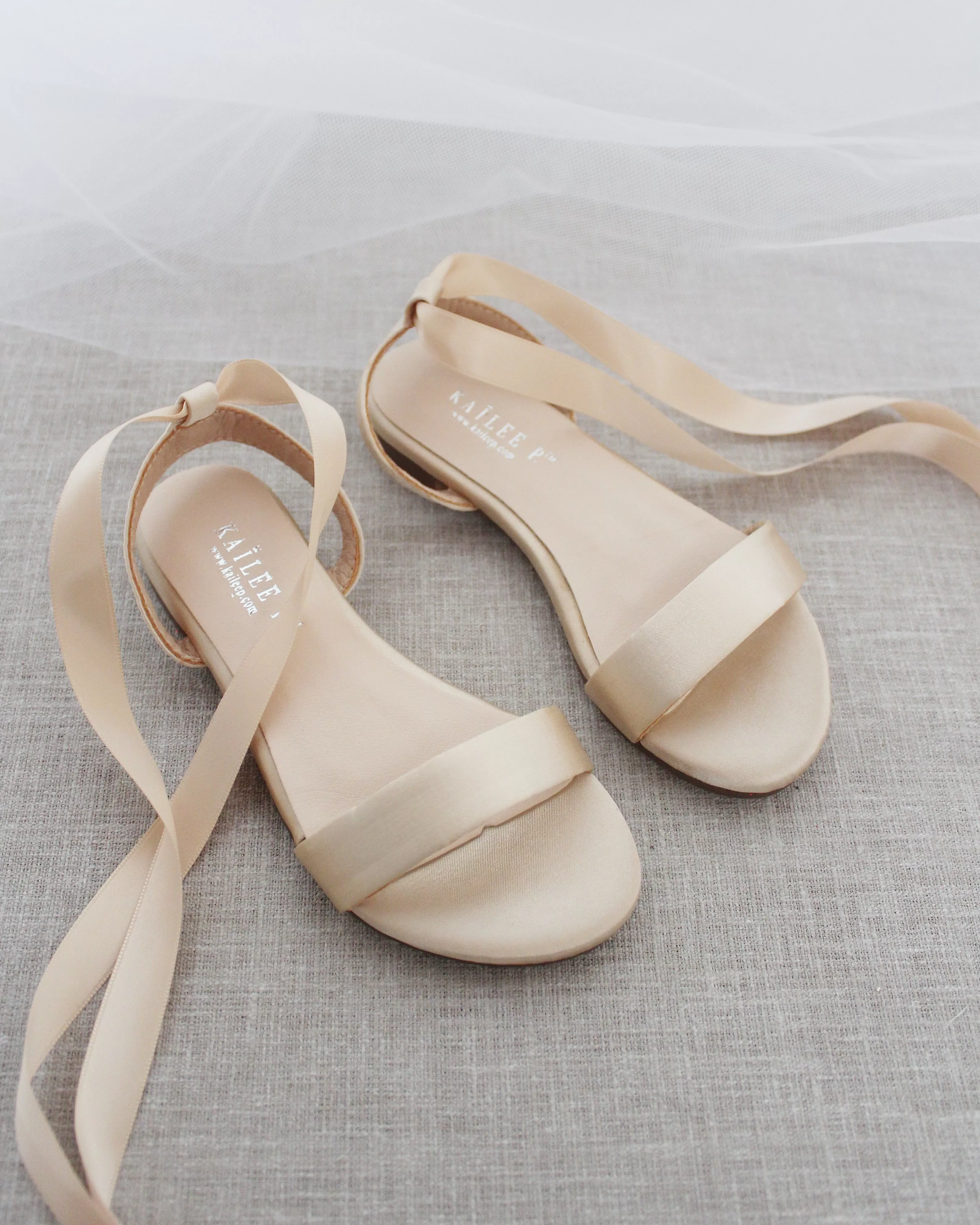 Champagne Satin Flat Sandal with Ballerina Lace Up