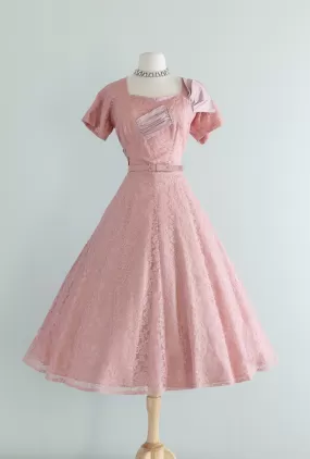 Classic 1950's Rose Pink Lace Cocktail Dress By DuBerry / Large