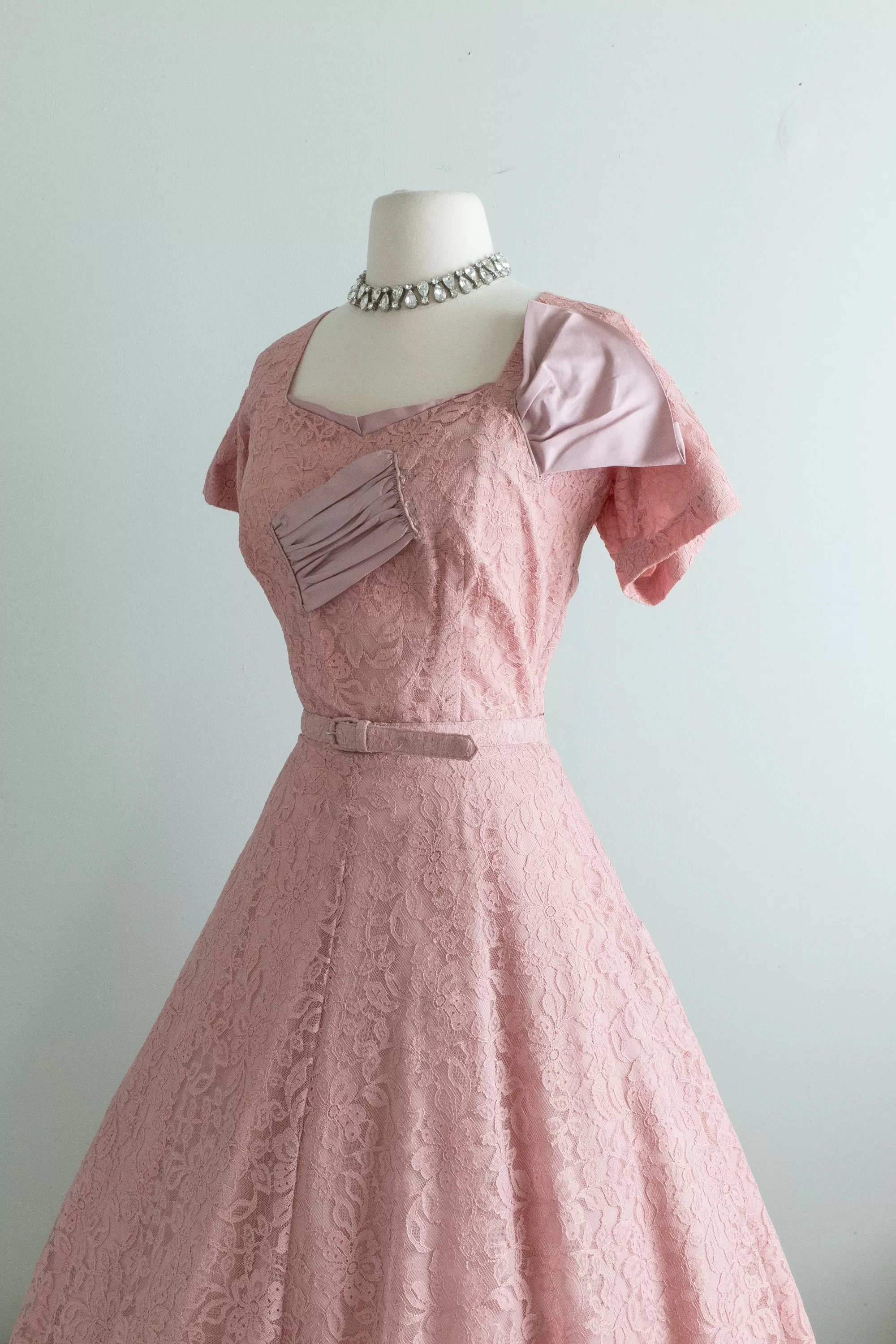 Classic 1950's Rose Pink Lace Cocktail Dress By DuBerry / Large