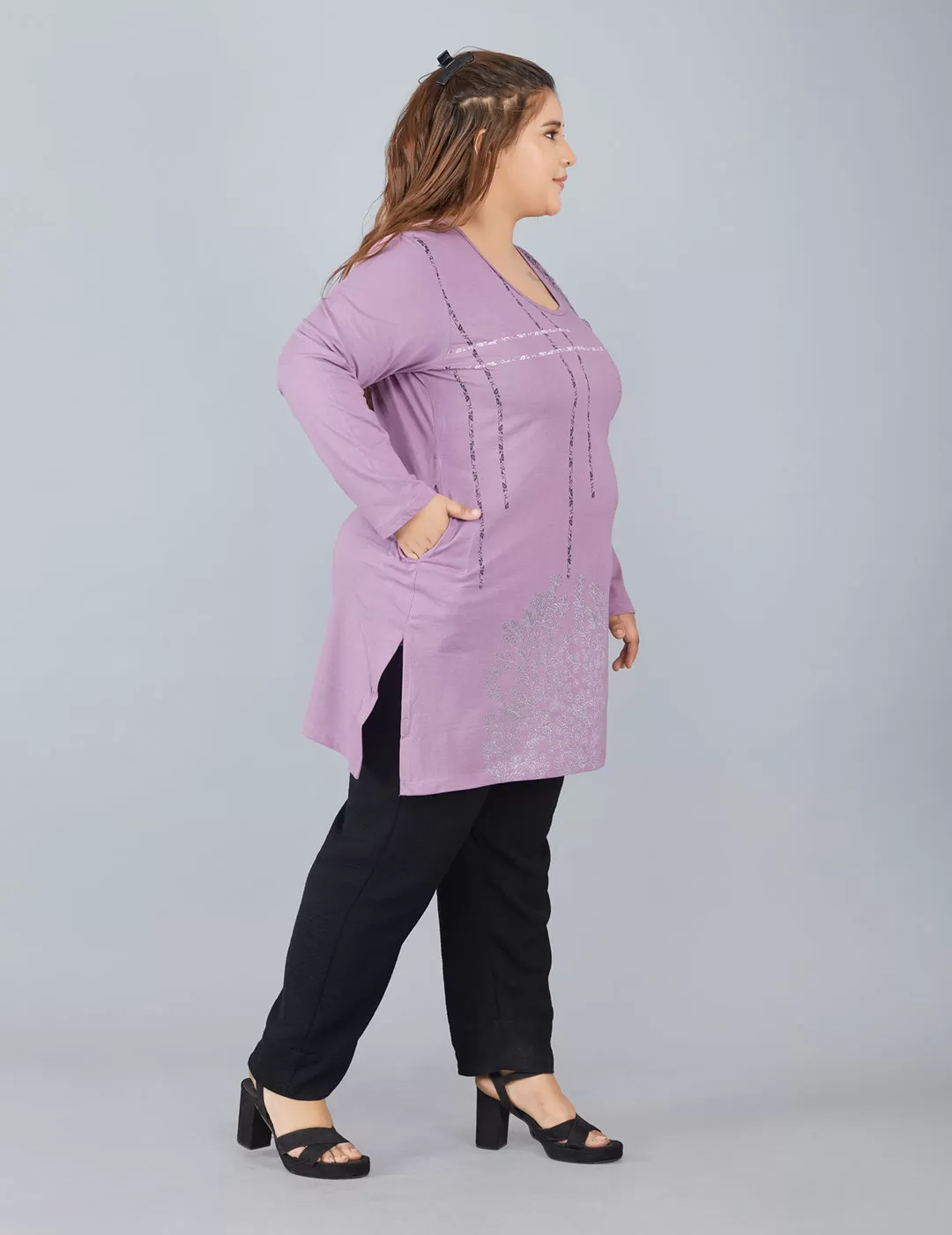 Cotton Long Top for Women Plus Size - Full Sleeve - Lavender