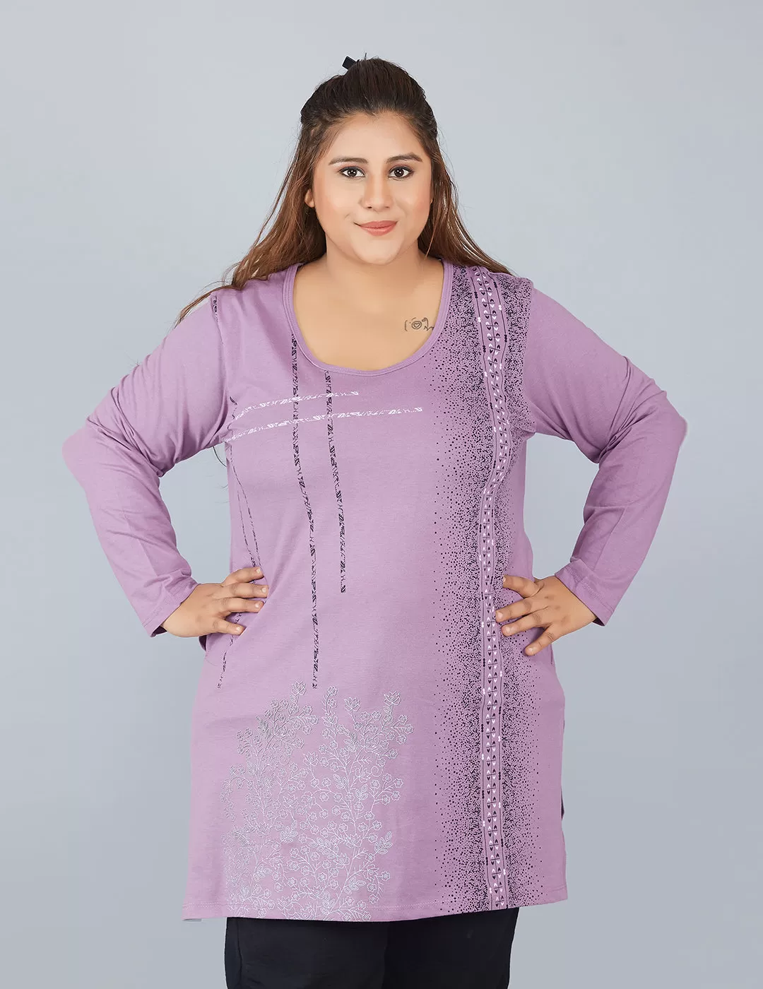 Cotton Long Top for Women Plus Size - Full Sleeve - Lavender