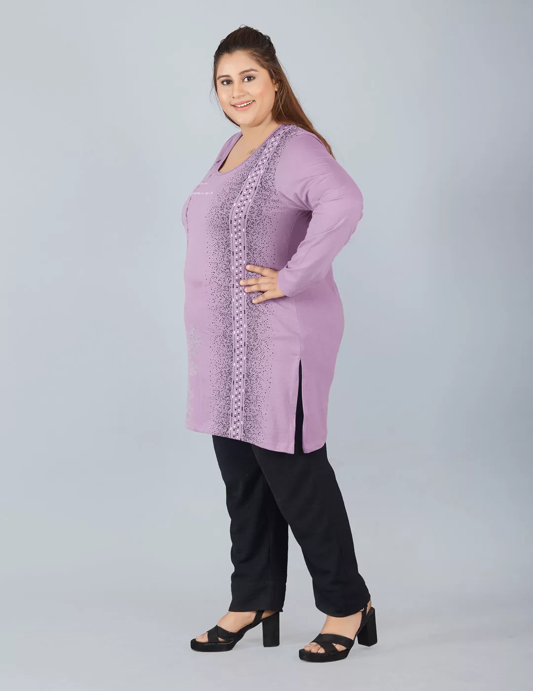 Cotton Long Top for Women Plus Size - Full Sleeve - Lavender