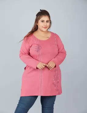 Cotton Long Top for Women Plus Size - Full Sleeve - Rosy Pink