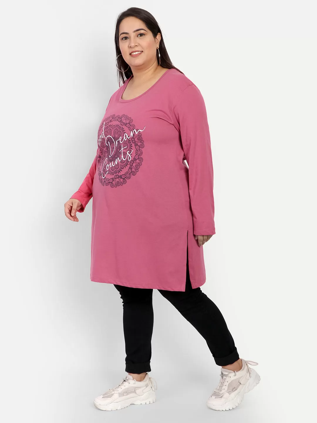 Cotton Long Top for Women Plus Size - Full Sleeve - Rosy Pink