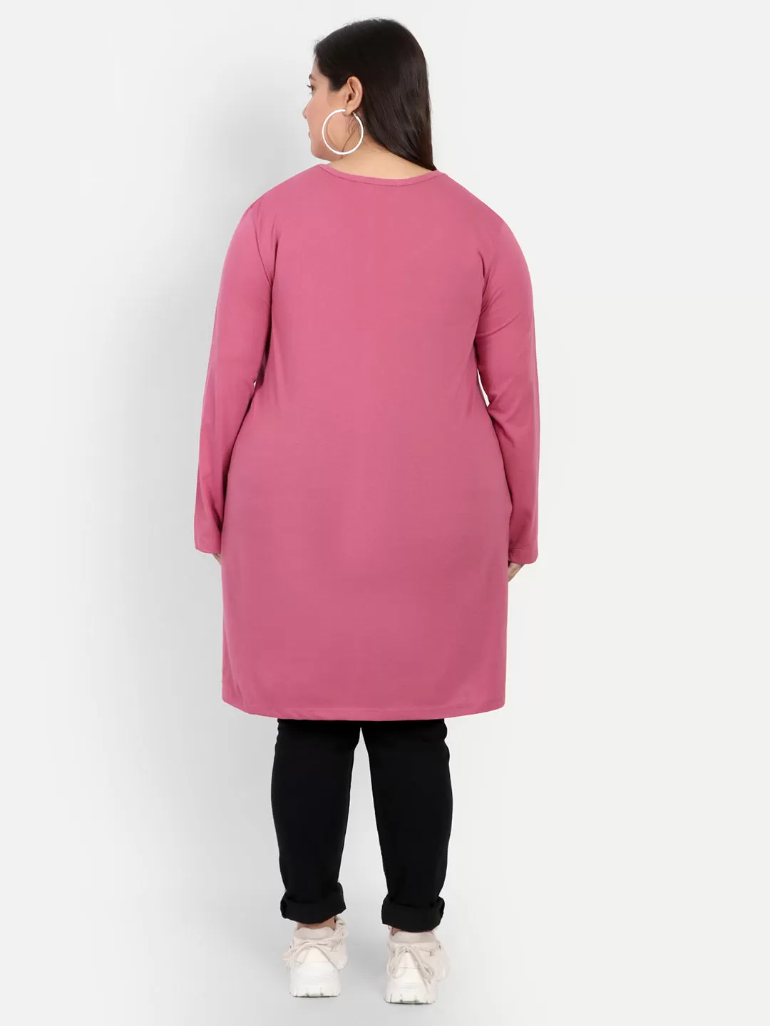 Cotton Long Top for Women Plus Size - Full Sleeve - Rosy Pink