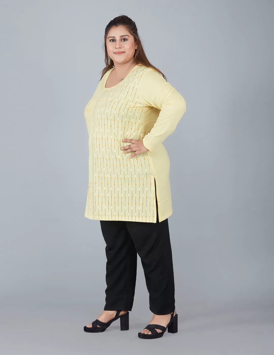 Cotton Long Top for Women Plus Size - Full Sleeves - Yellow