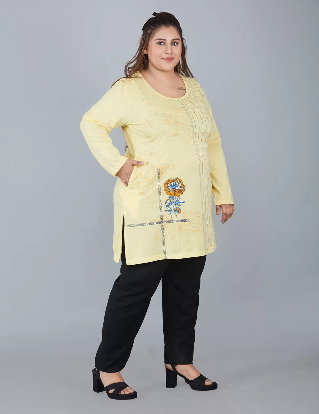 Cotton Long Top for Women Plus Size - Full Sleeves - Yellow