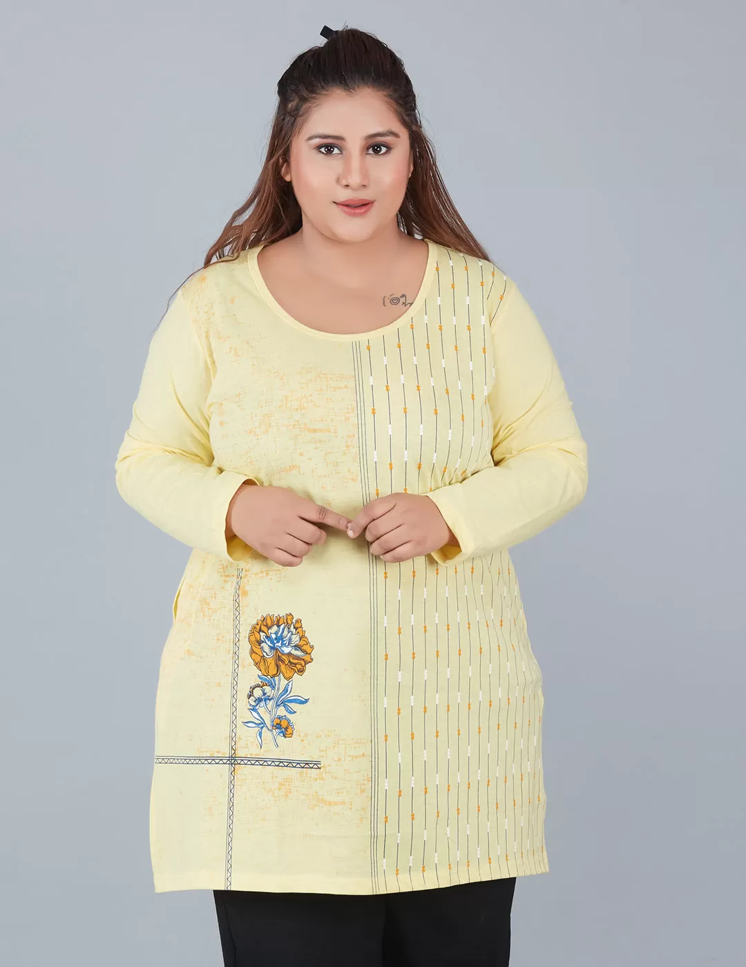 Cotton Long Top for Women Plus Size - Full Sleeves - Yellow