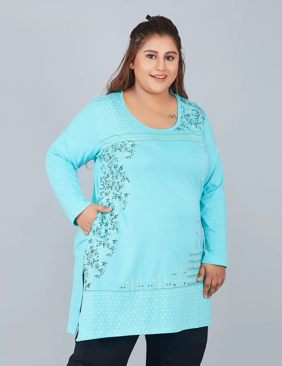 Cotton Long Top for Women Plus Size - Full Sleeve -Turquoise