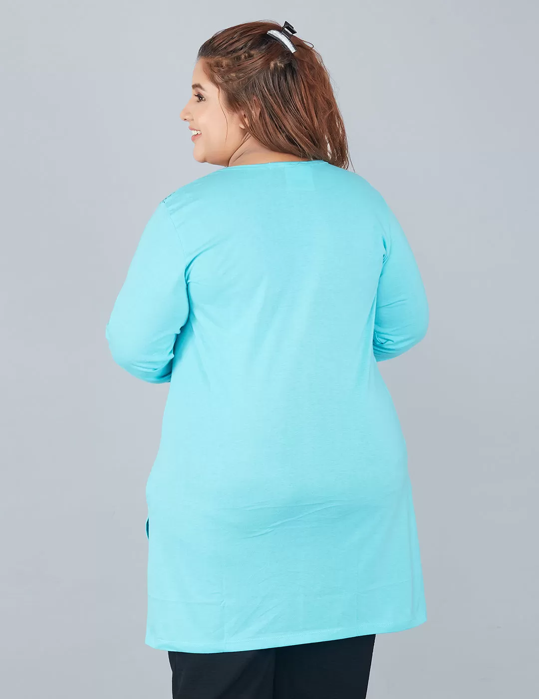 Cotton Long Top for Women Plus Size - Full Sleeve -Turquoise