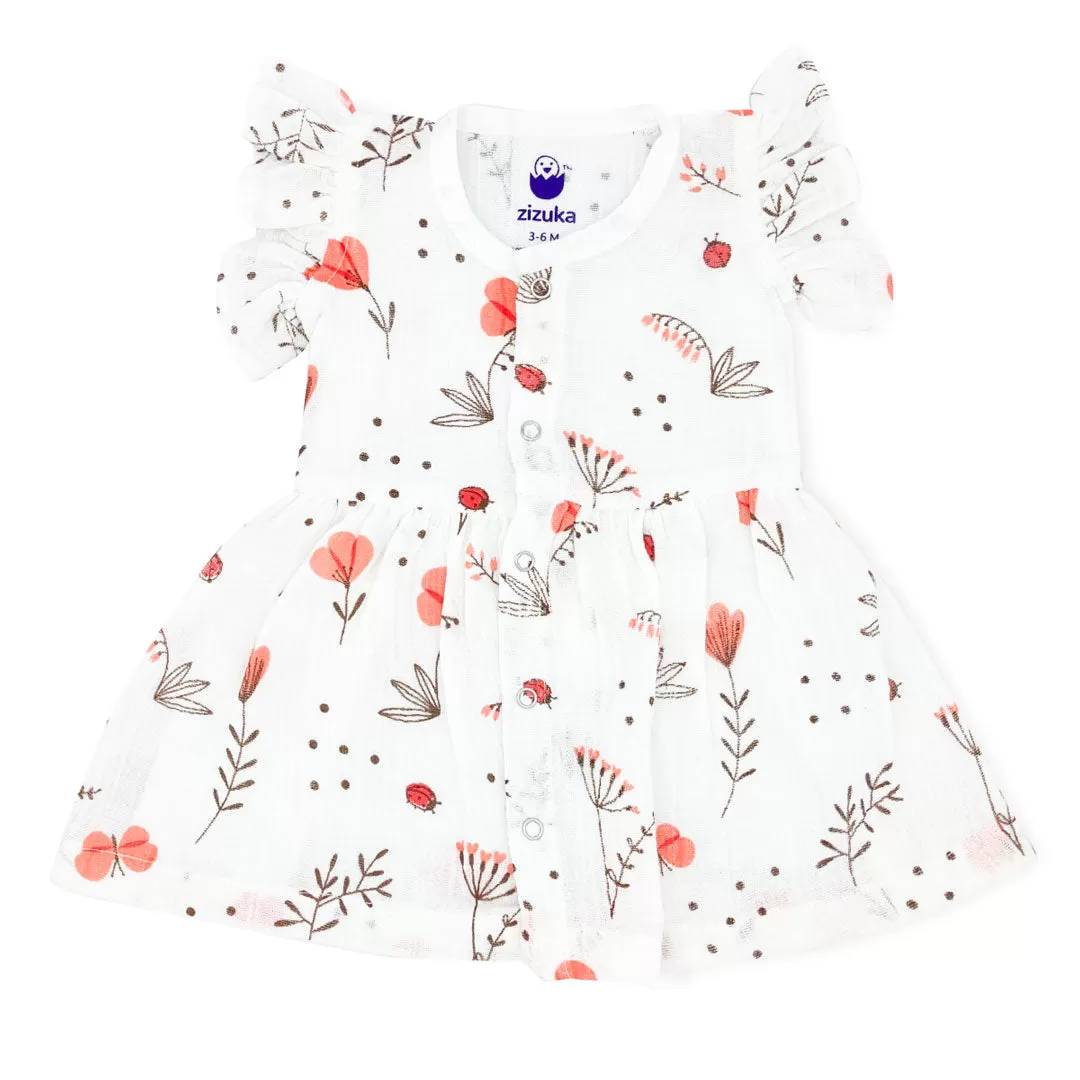 Crinkled Muslin Frock for Baby Girl - Butterfly Sleeve Organic Cotton LadyBird