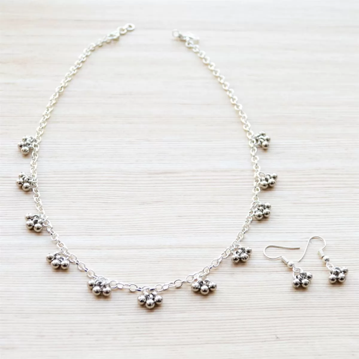 Dainty Silver Beaded Chain Choker and Small Jhumki Earring Gift Set, Minimalist Indian Jewelry