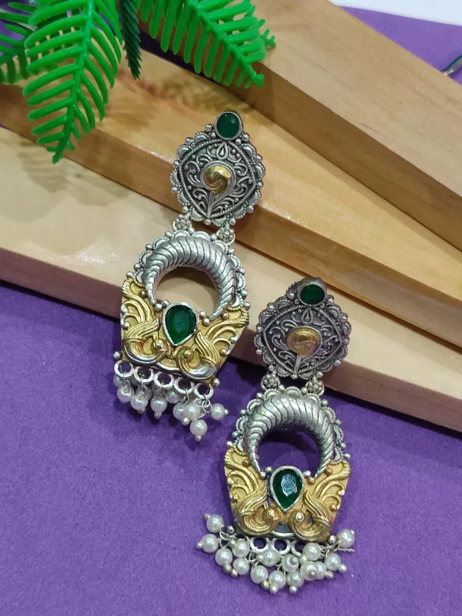 Dazzling Emerald Stone And Pearl Beaded Oxidized Dangler Earrings