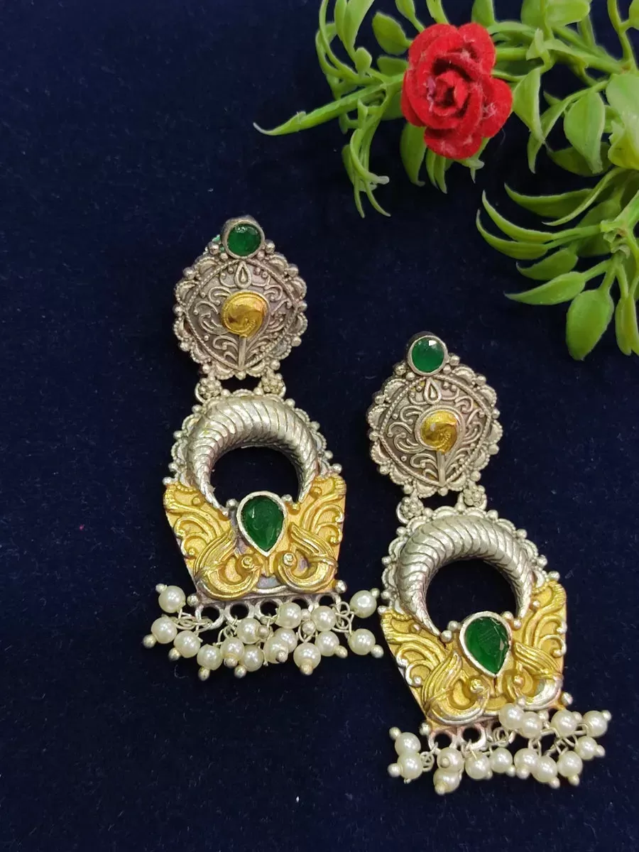 Dazzling Emerald Stone And Pearl Beaded Oxidized Dangler Earrings