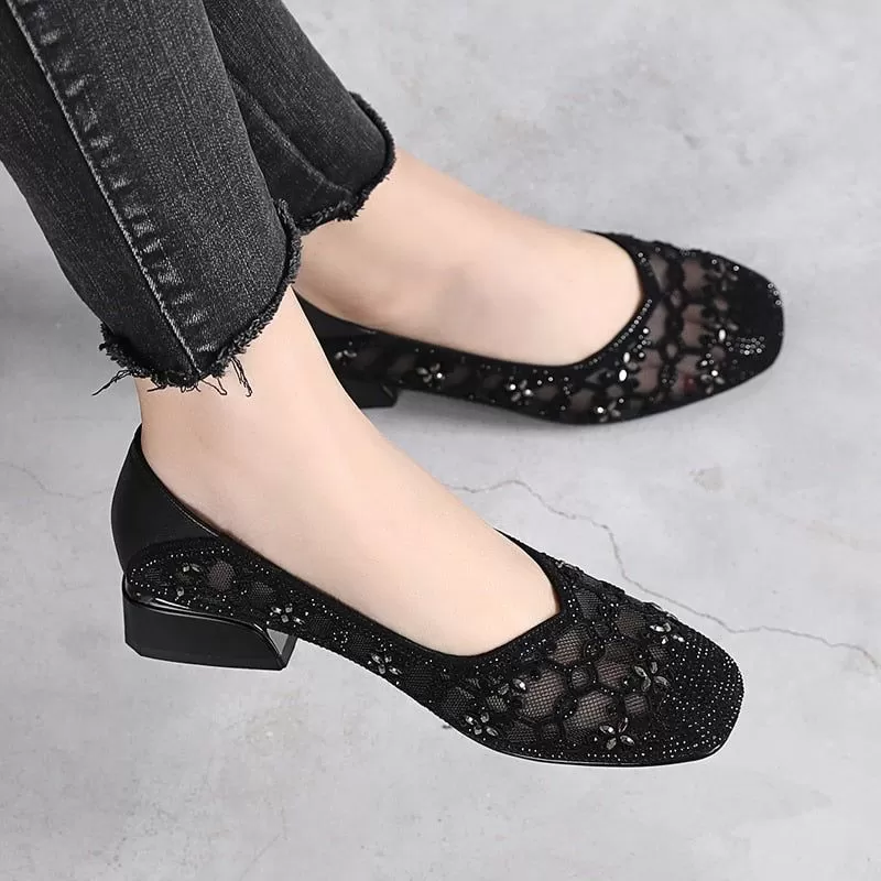 DN323 Women's Crystal Cut-outs Low Heels Casual Shoes - Pumps