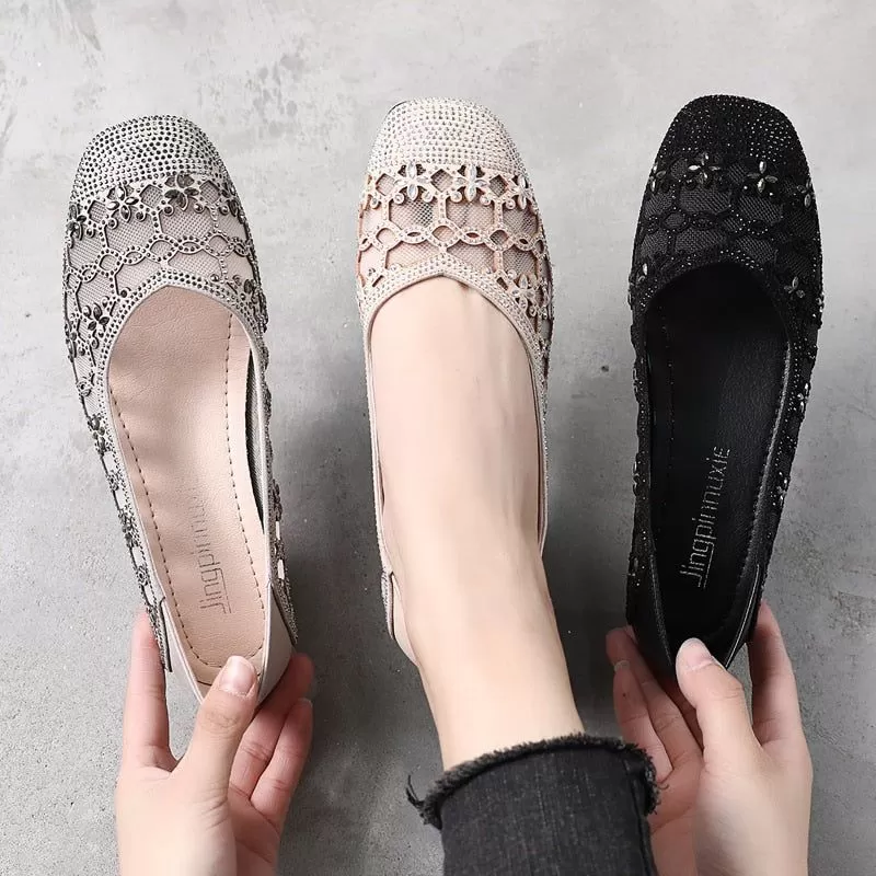 DN323 Women's Crystal Cut-outs Low Heels Casual Shoes - Pumps