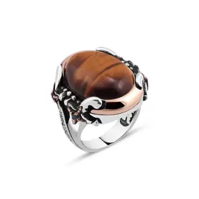 Domic Ellipse Tiger Eye Stone Silver Men's Ring Siding Double Sword