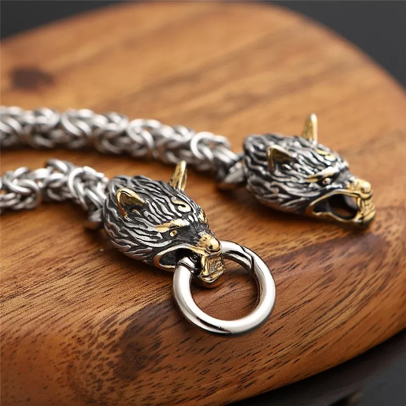 Double Nordic Viking Celtic Wolves Byzantine Link Bracelet