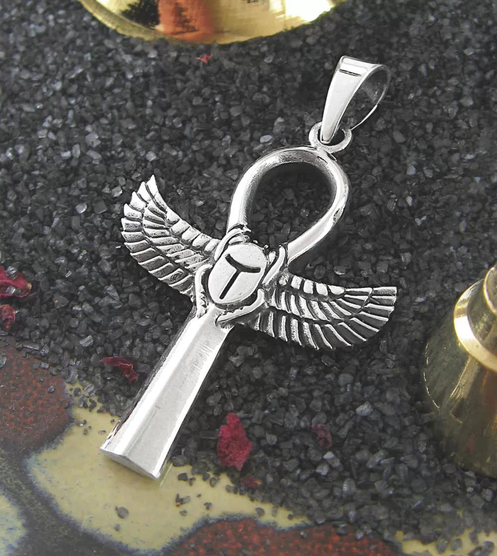 Egyptian Ankh Symbol Pendant With Isis' Wings and Scarab