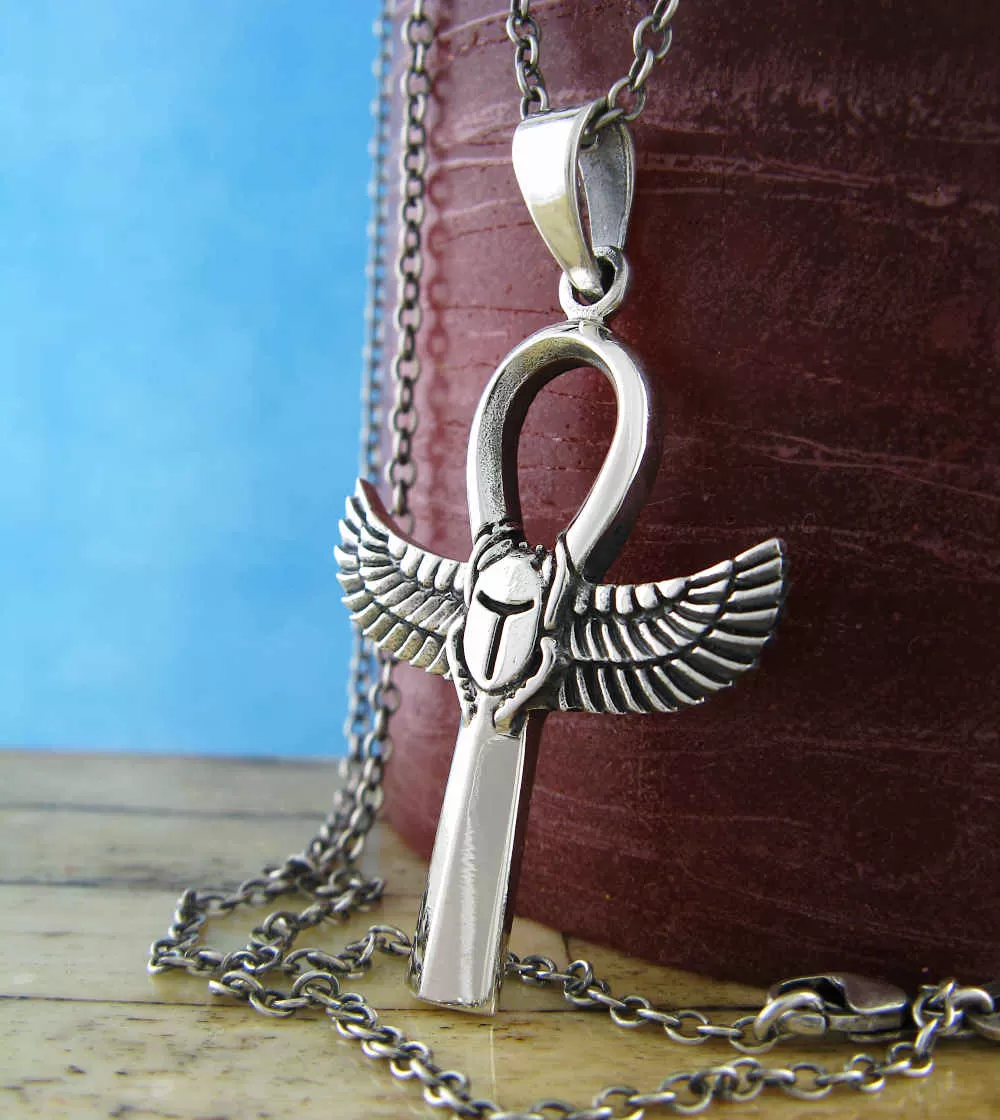 Egyptian Ankh Symbol Pendant With Isis' Wings and Scarab