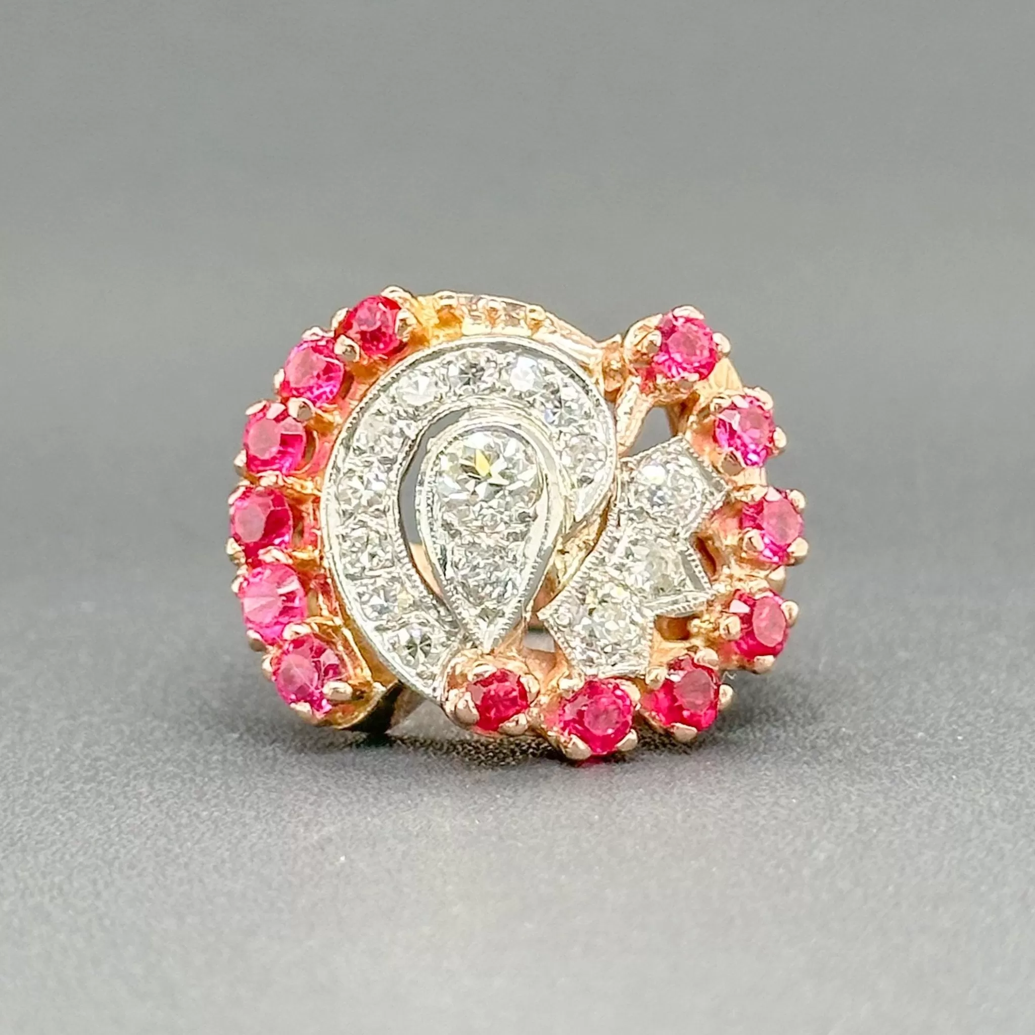 Estate Retro 14K R Gold 1.82ctw Lab-Created Ruby & 0.86ctw H-I/SI1-2 Diamond Ring