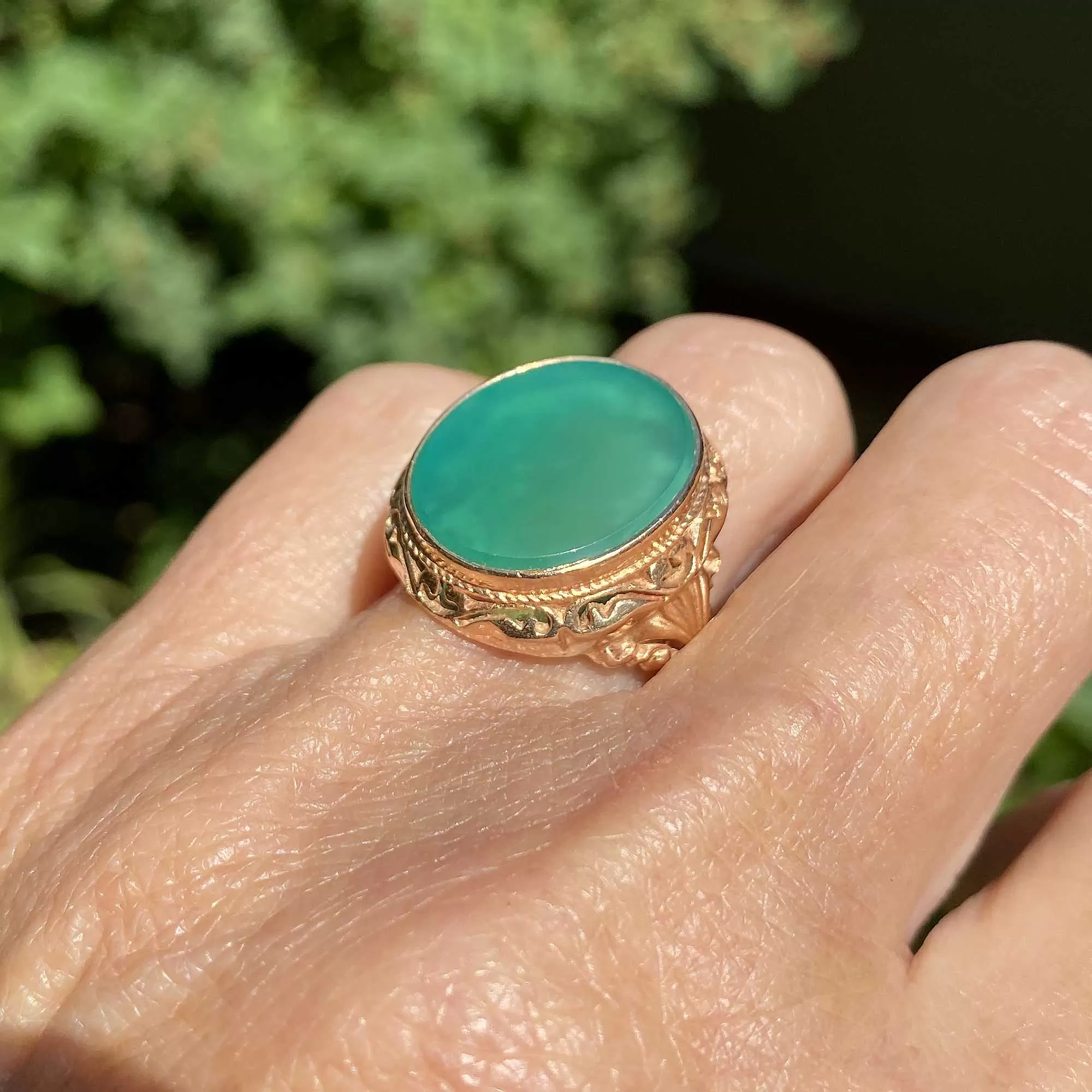 Final Payment Bold 14K Gold Cabochon Green Chrysoprase Ring