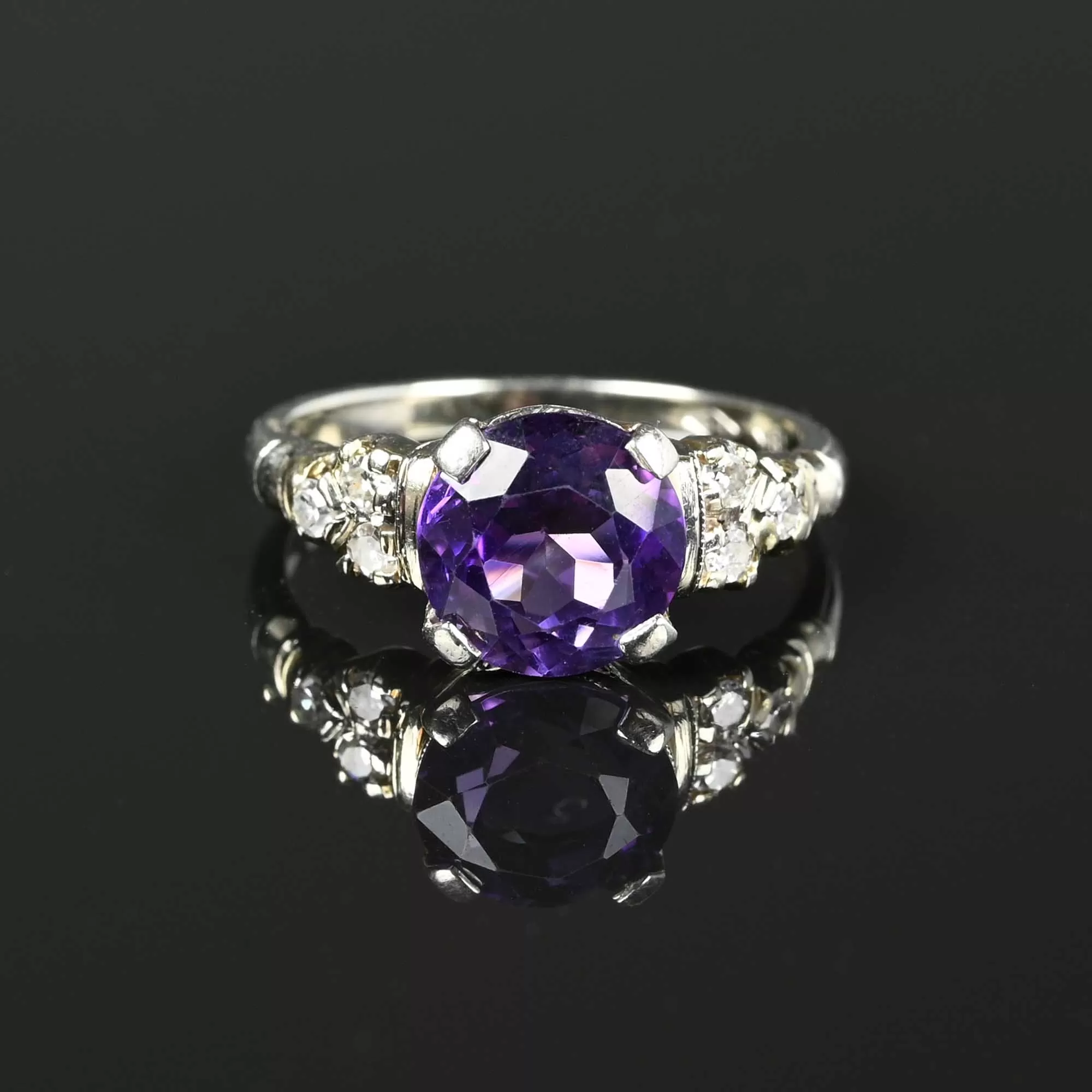 Fine 18K White Gold Diamond Amethyst Ring