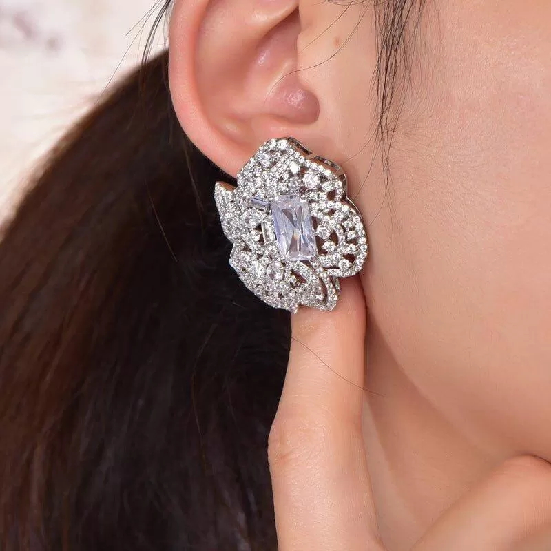 Flower White Stone Stud Earrings