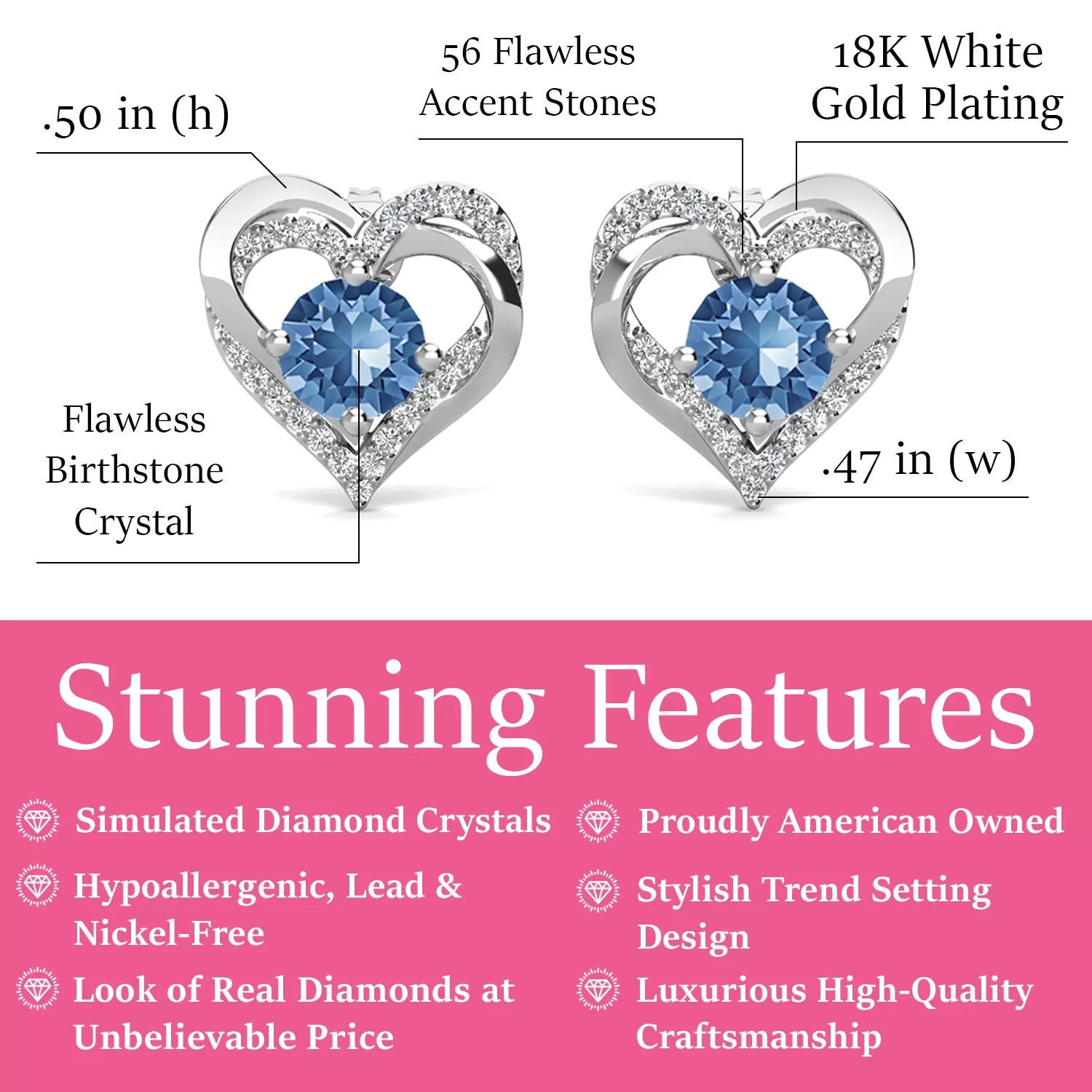 Forever 18k White Gold Plated Birthstone Double Heart Earrings with Crystals