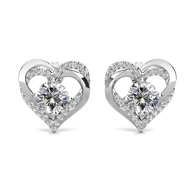 Forever 18k White Gold Plated Birthstone Double Heart Earrings with Crystals