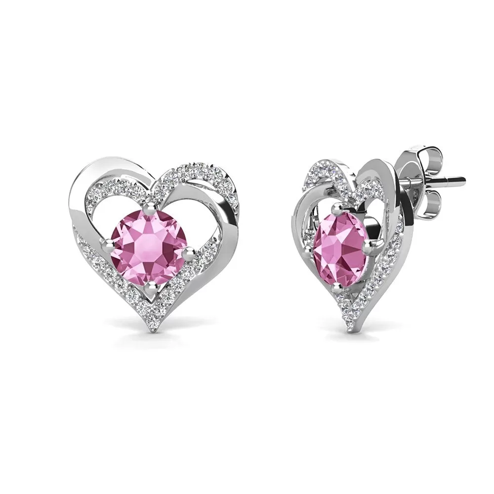 Forever 18k White Gold Plated Birthstone Double Heart Earrings with Crystals