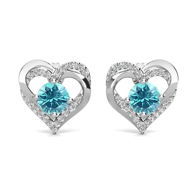 Forever 18k White Gold Plated Birthstone Double Heart Earrings with Crystals