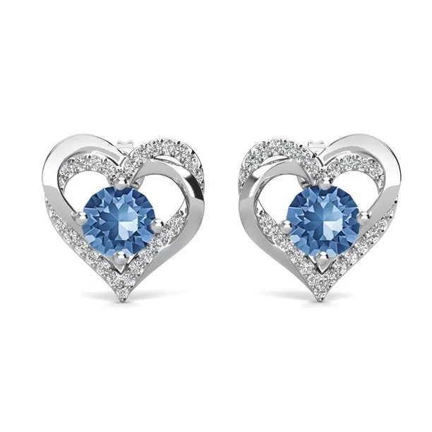 Forever 18k White Gold Plated Birthstone Double Heart Earrings with Crystals