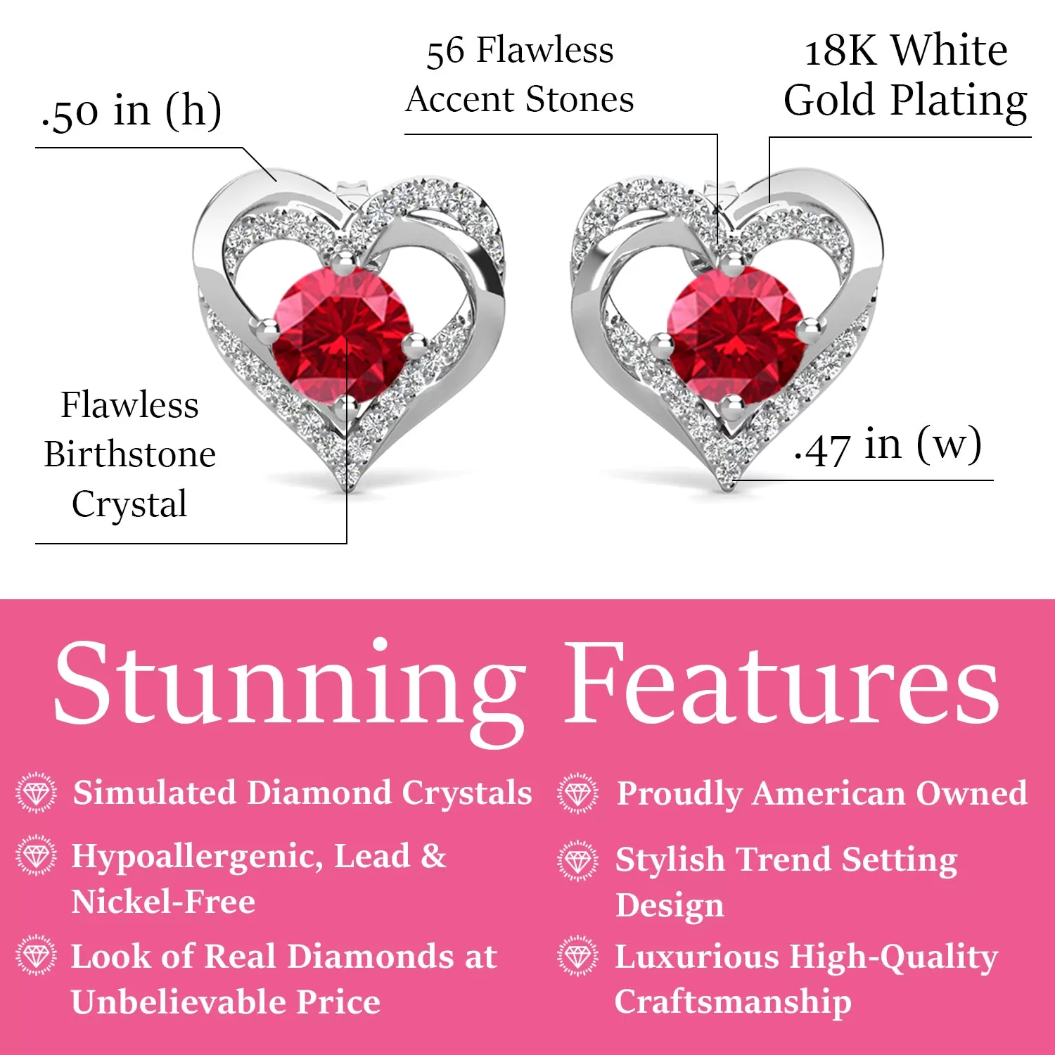 Forever 18k White Gold Plated Birthstone Double Heart Earrings with Crystals