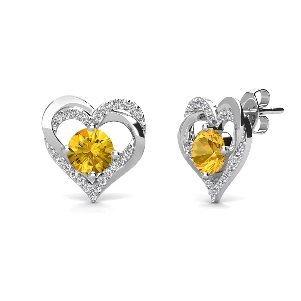 Forever 18k White Gold Plated Birthstone Double Heart Earrings with Crystals