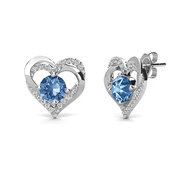 Forever 18k White Gold Plated Birthstone Double Heart Earrings with Crystals