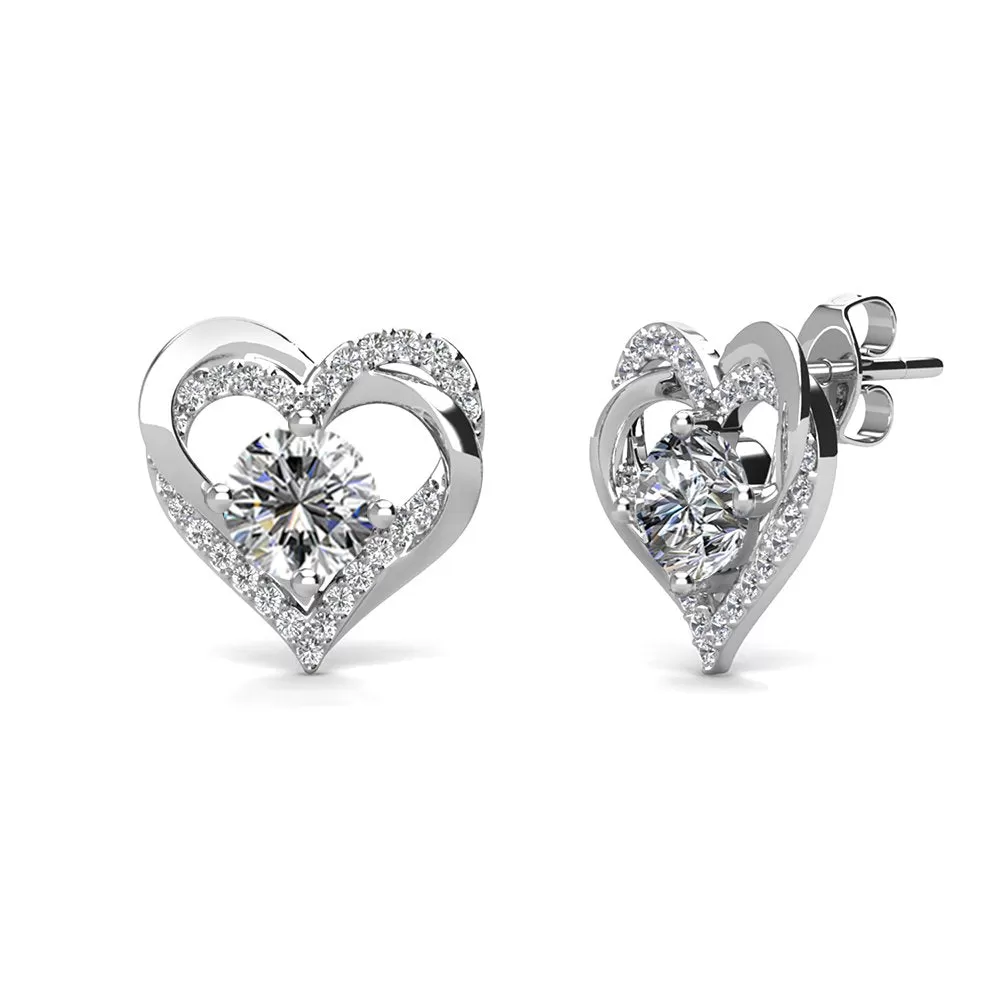 Forever 18k White Gold Plated Birthstone Double Heart Earrings with Crystals